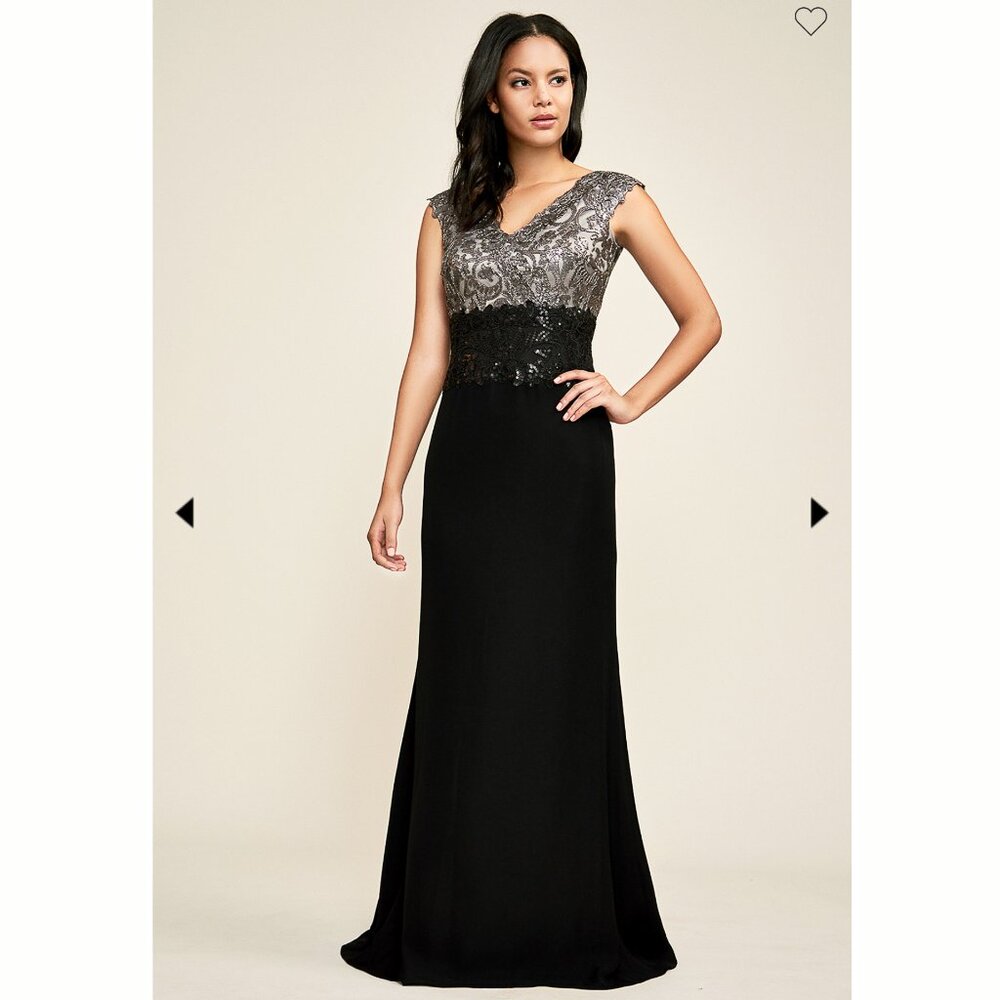 Tadashi Shoji Rema Gown Black Gray Silver Sequins Hi Lo Mini Train Size 12